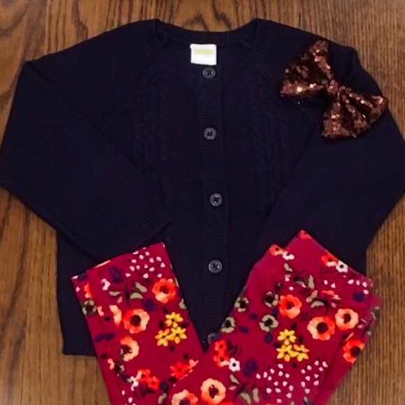 Navy Cardigan Floral Leggings Sequin Bow Set Sz 2T - Picture 11 of 11